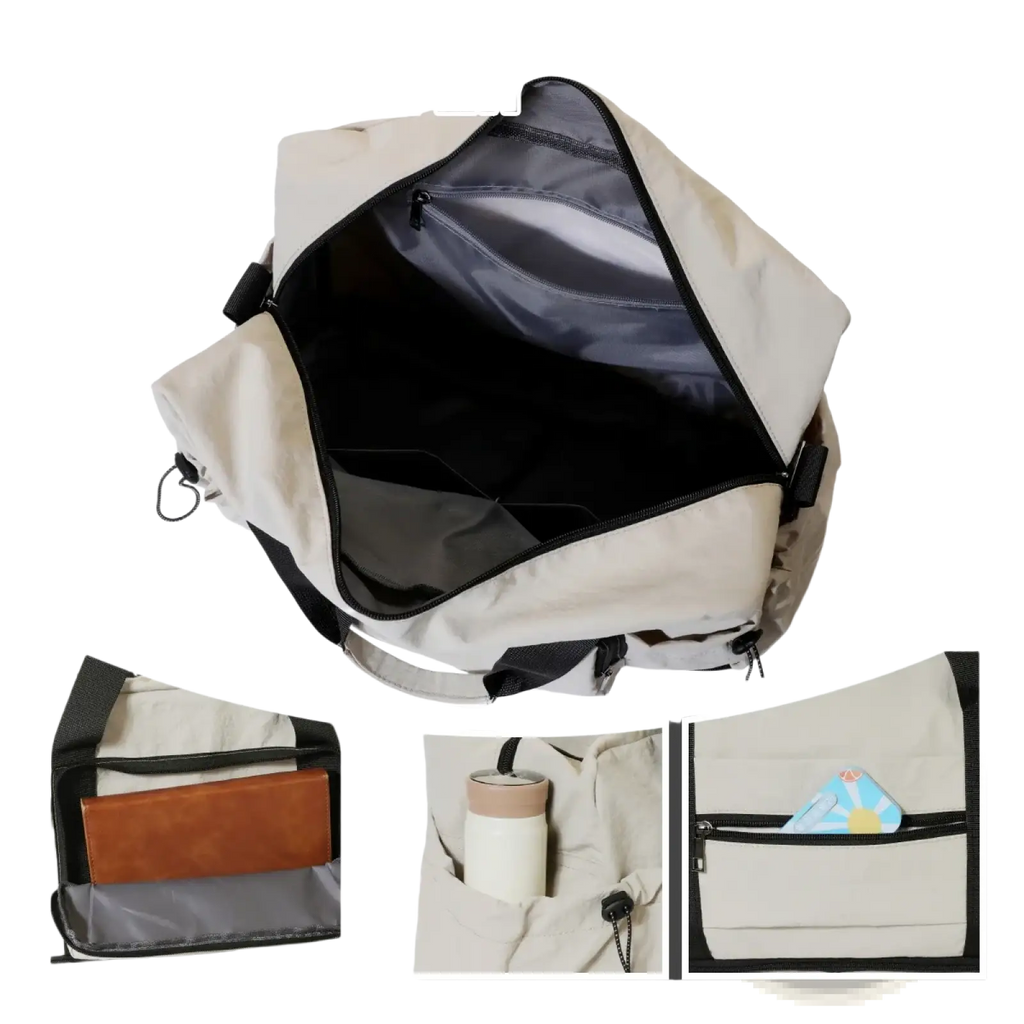 Beige and black travel duffel bag expandable lightweight luggage with multiple compartments for organized packing