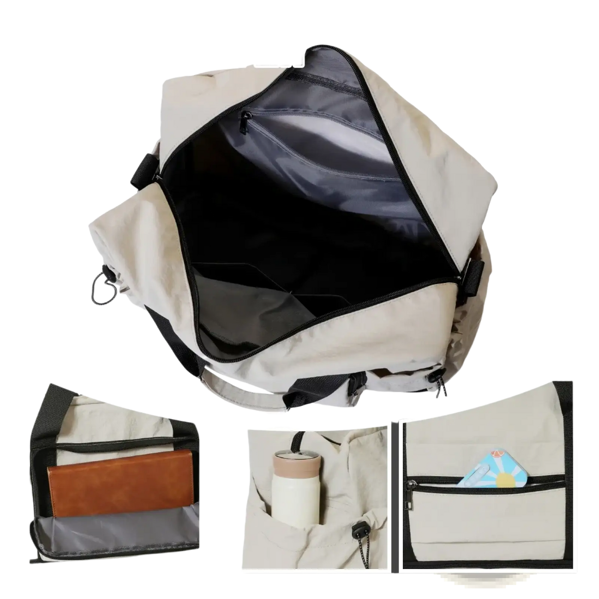 Beige and black travel duffel bag expandable lightweight luggage with multiple compartments for organized packing