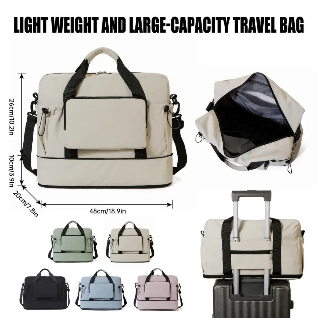 Beige and black lightweight travel duffel bag with two-tier design and durable fabric for expandable luggage use