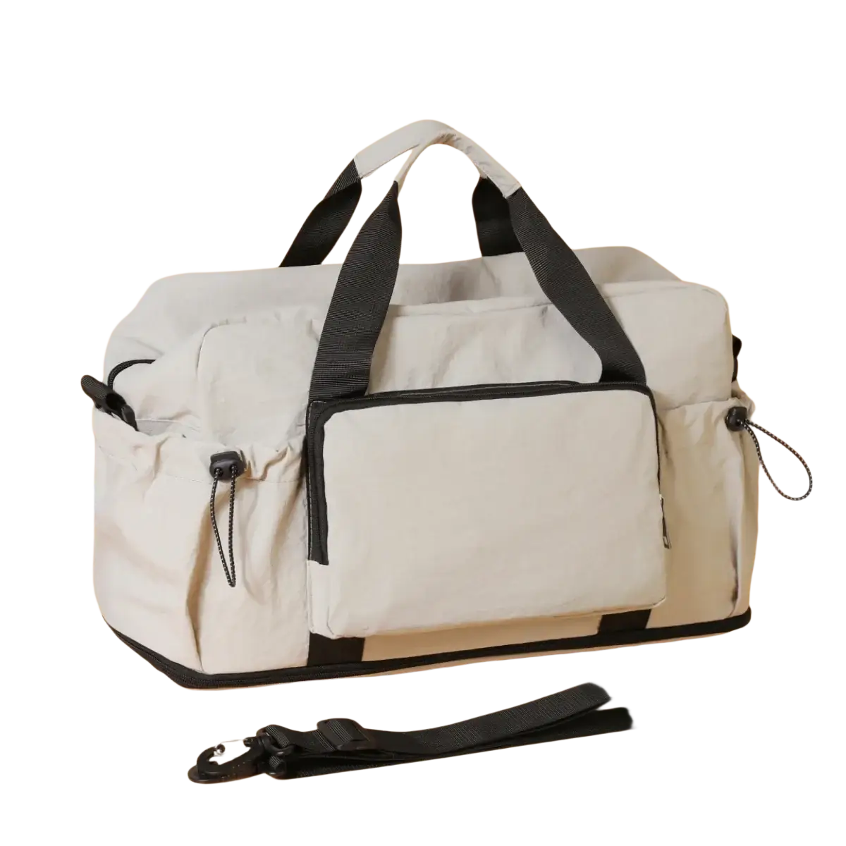 Beige and black expandable lightweight travel duffel bag with reinforced handles side pockets and detachable shoulder strap