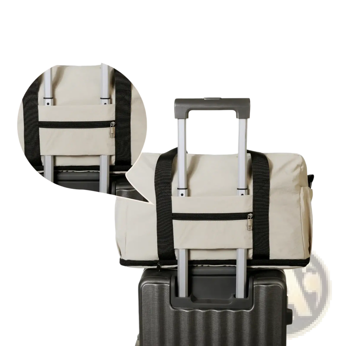 Beige fabric travel duffel bag with black straps and fixing belt designed to attach securely to suitcase expandable lightweight luggage