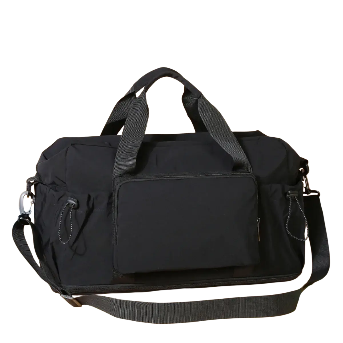 Black nylon travel duffel bag expandable lightweight luggage with dual top handles and detachable shoulder strap