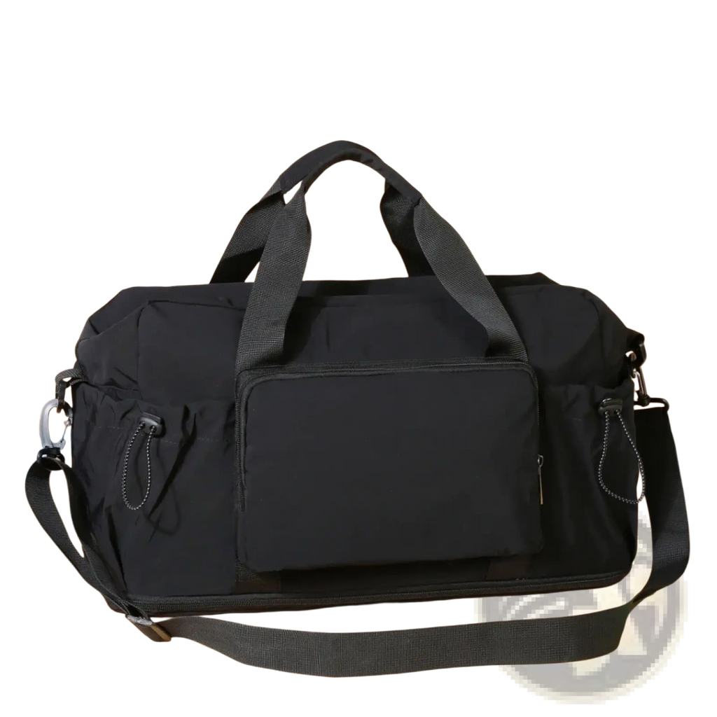 Black nylon travel duffel bag expandable lightweight luggage with dual top handles and detachable shoulder strap