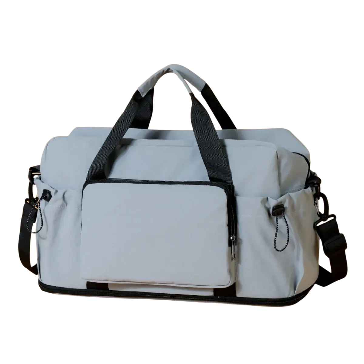 Light gray expandable lightweight travel duffel bag with black handles and multiple zippered compartments