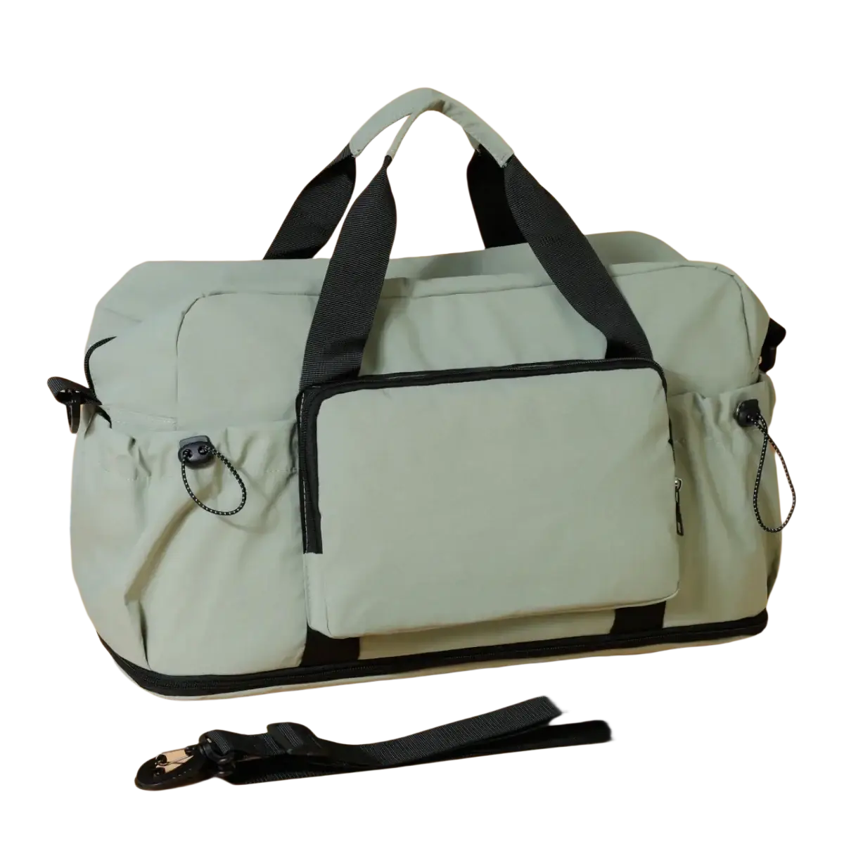 Travel duffel bag expandable lightweight luggage in sleek sage green with black reinforced handles and trim
