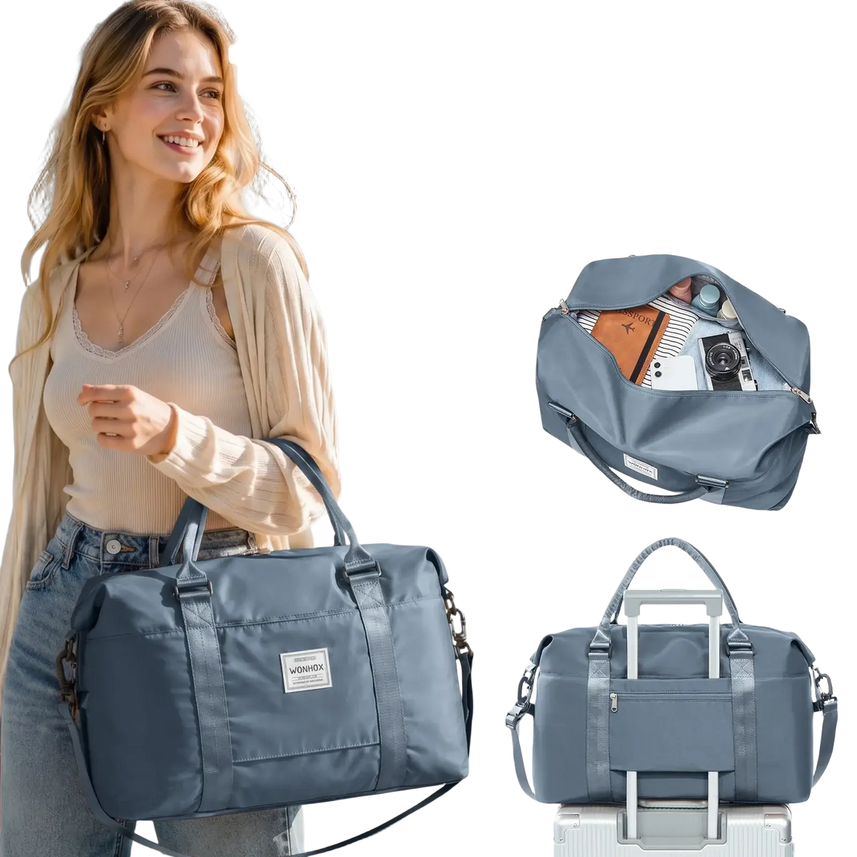 Gray nylon travel duffel bag with large capacity adjustable shoulder strap and built-in rolling handles