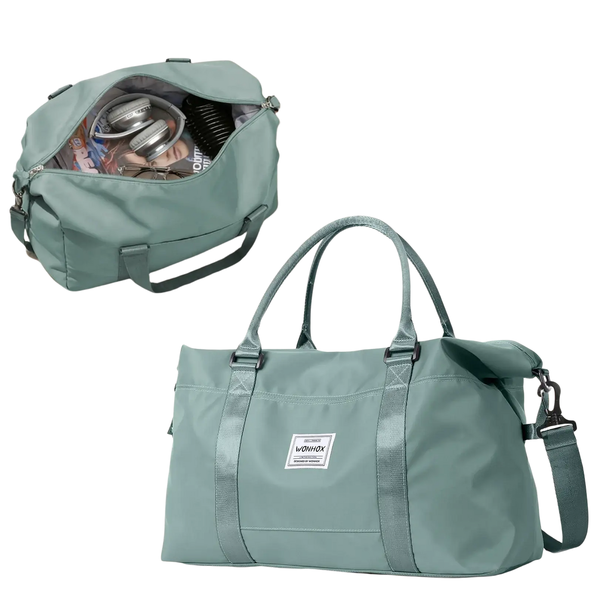 Minimalist large-capacity travel duffel bag in soft sage green nylon with reinforced handles and detachable shoulder strap
