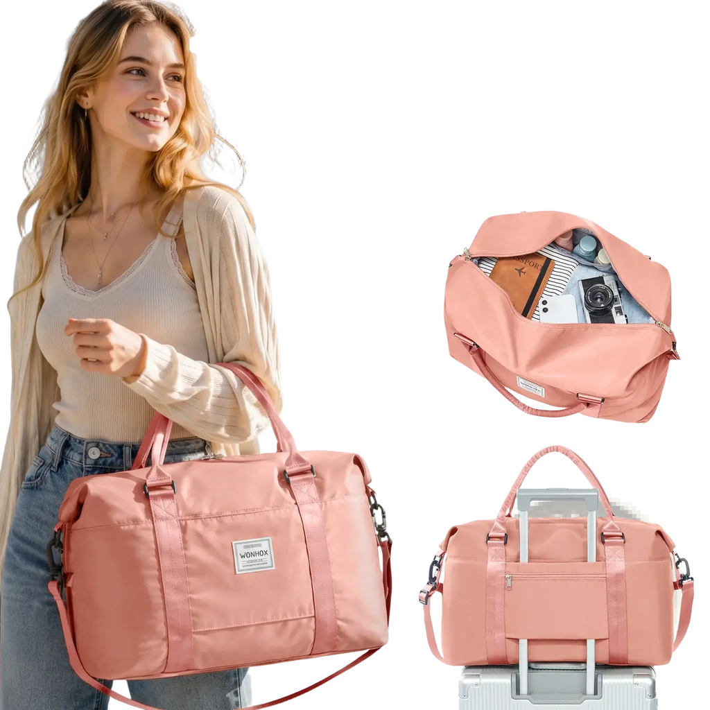 Pink travel duffel bag large capacity made of durable nylon with a sleek design for carry-on or rolling luggage use