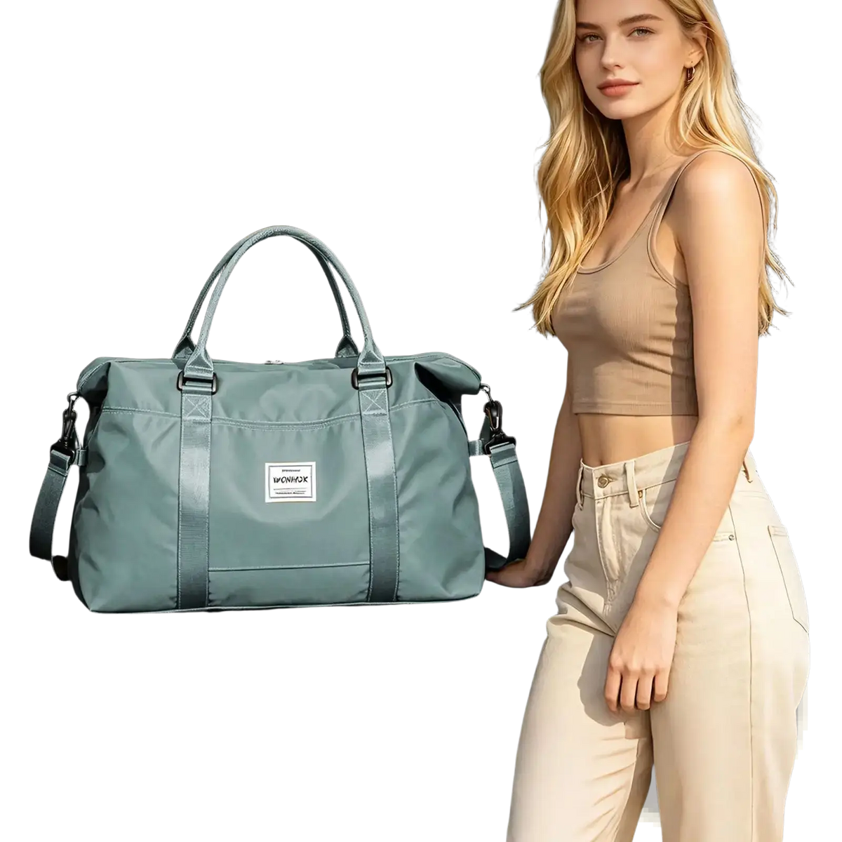 A sleek light teal nylon travel duffel bag with large capacity sturdy handles and detachable shoulder strap