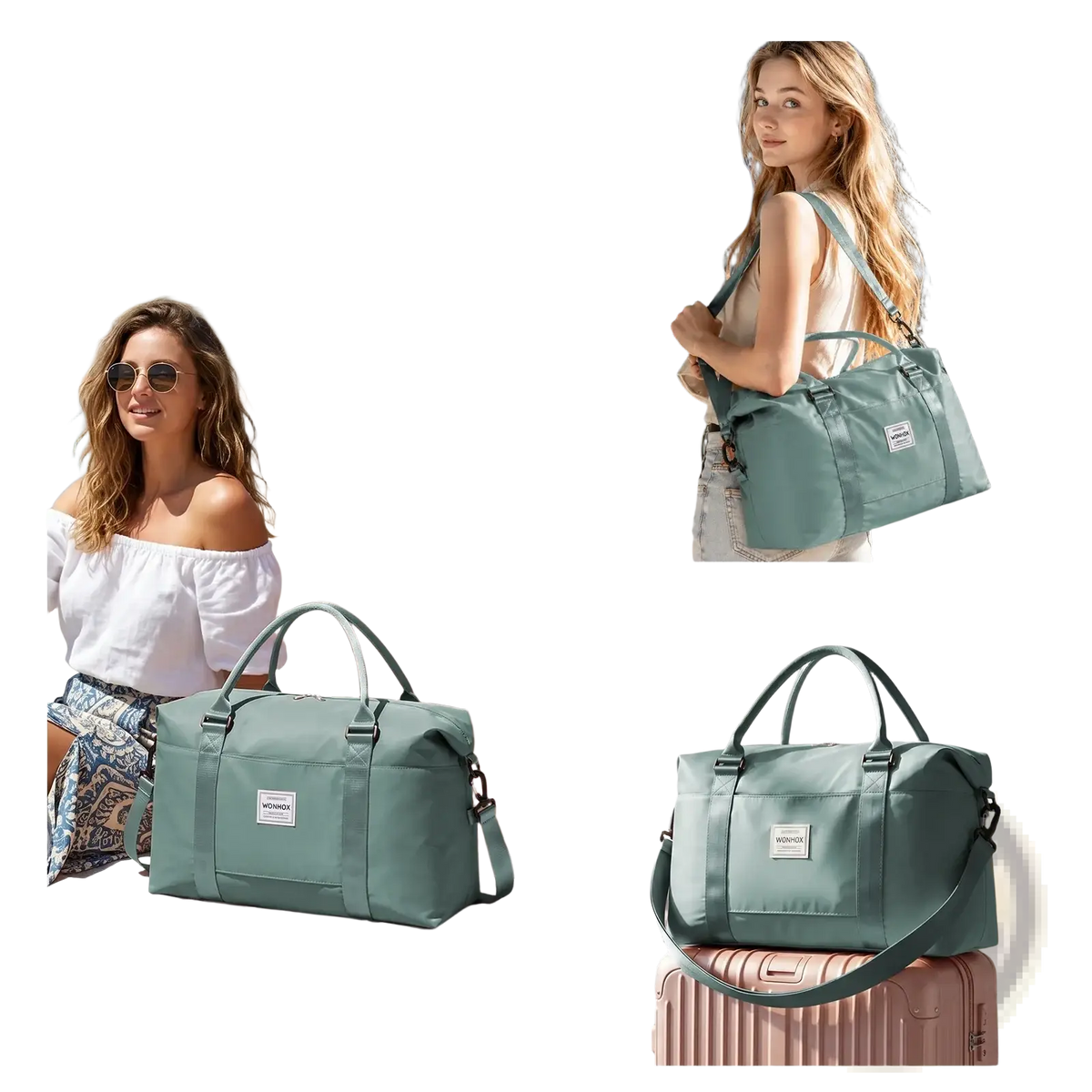 A sleek mint-green nylon travel duffel bag with large capacity, sturdy handles, and adjustable shoulder strap