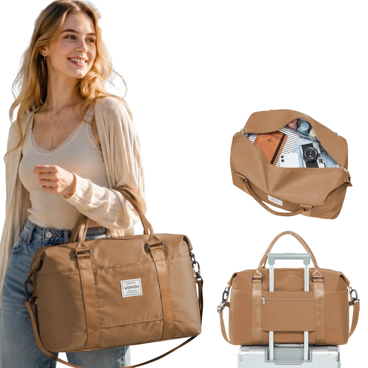 Tan fabric travel duffel bag large capacity nylon shoulder tote with rolled handles and retractable handle system