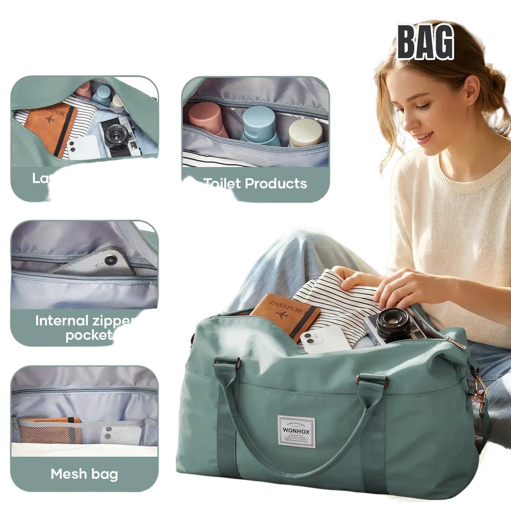 Teal travel duffel bag made of durable nylon with large capacity multiple compartments and a mesh pocket