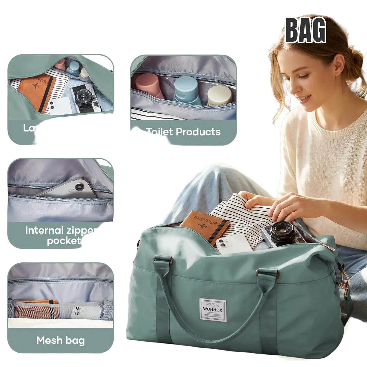 Teal travel duffel bag made of durable nylon with large capacity multiple compartments and a mesh pocket