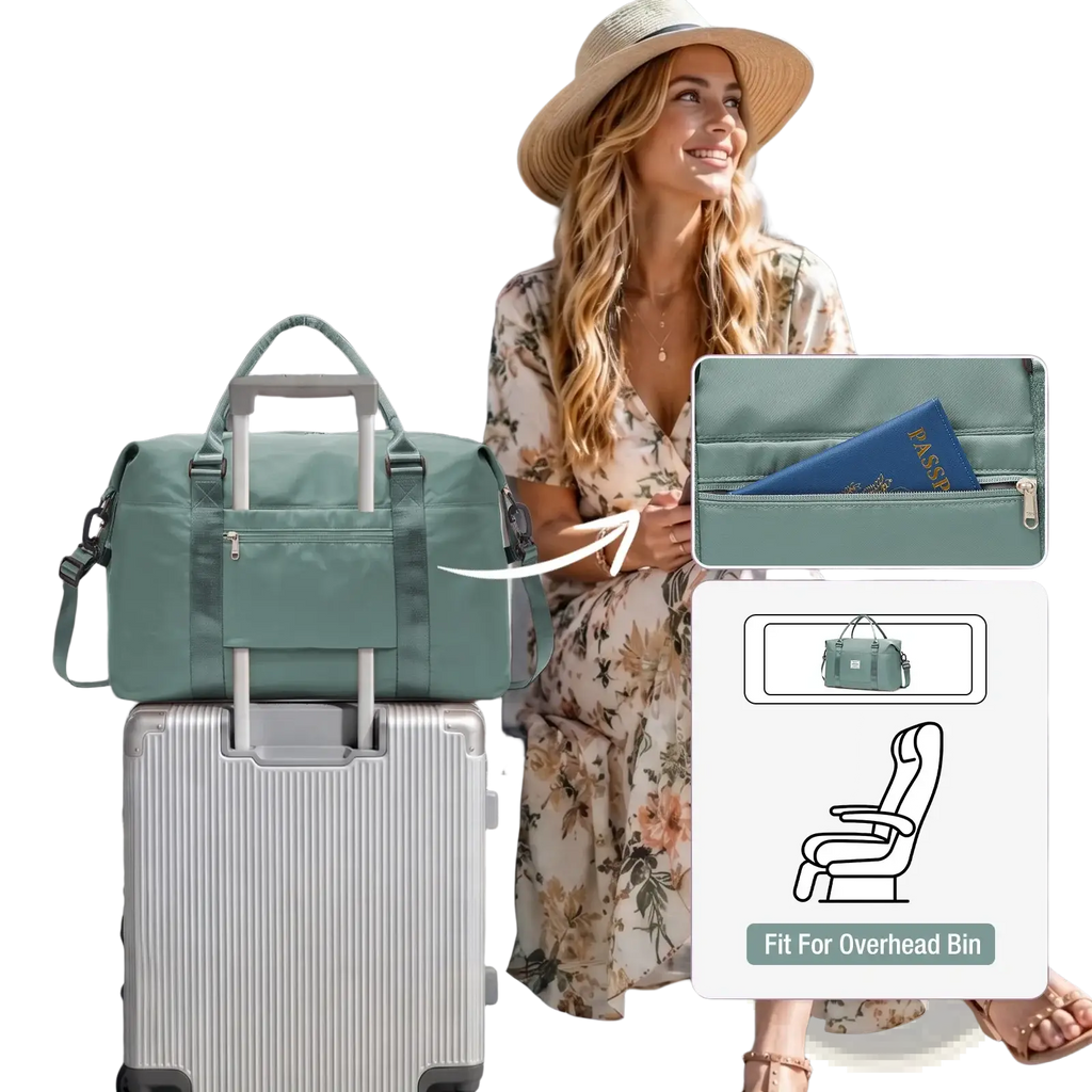 Teal fabric trolley case strap with adjustable buckle and reinforced stitching on travel duffel bag large capacity nylon tote