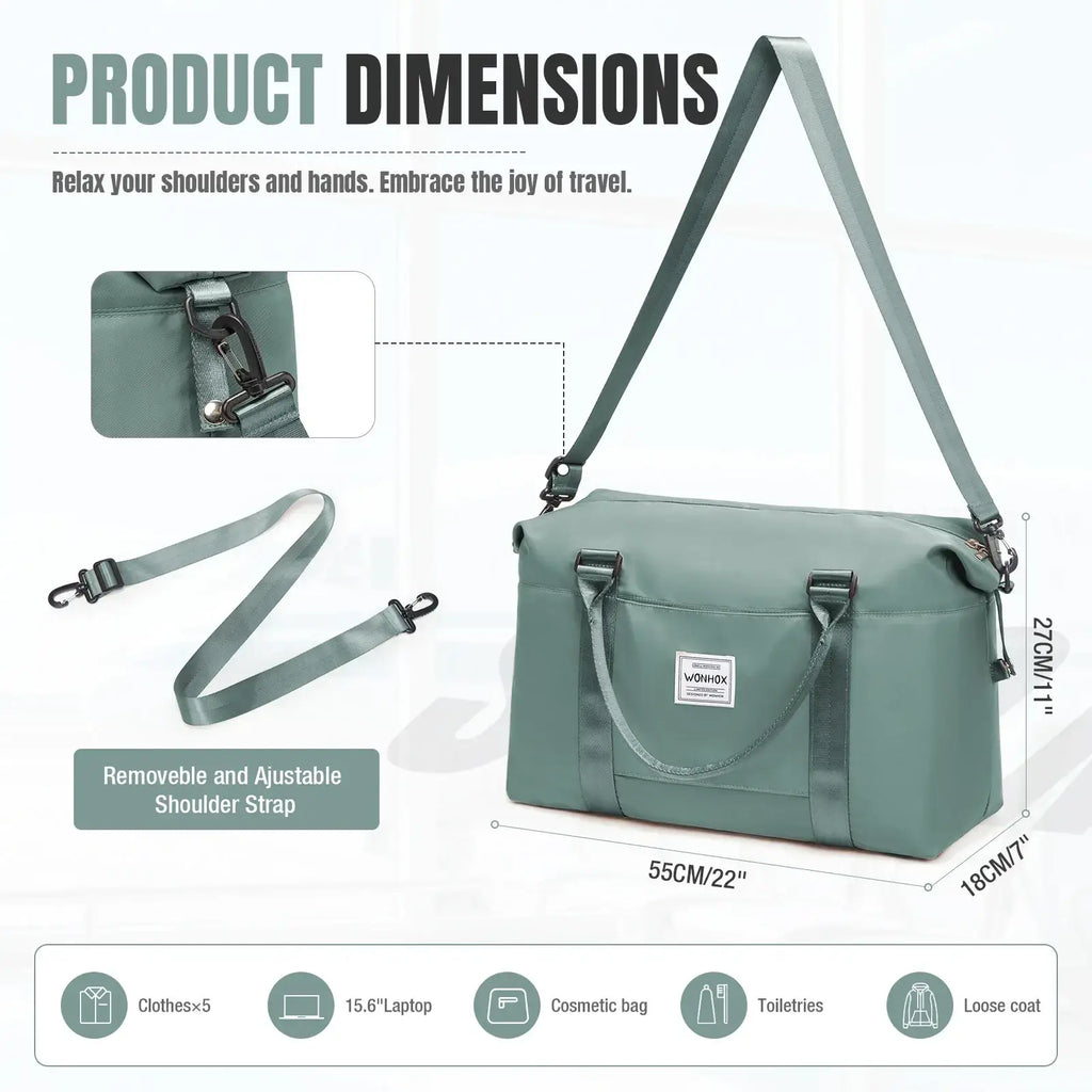 Teal waterproof travel duffel bag with adjustable shoulder strap and top handles made of nylon for large capacity storage
