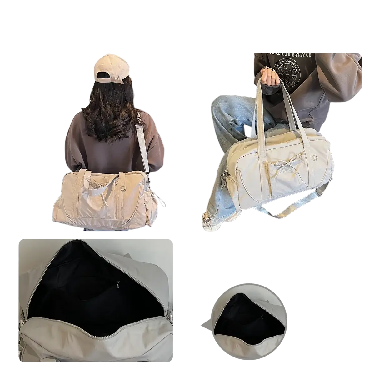 Beige nylon travel duffel bag with large capacity, front bow detail, and adjustable shoulder strap for women handbag