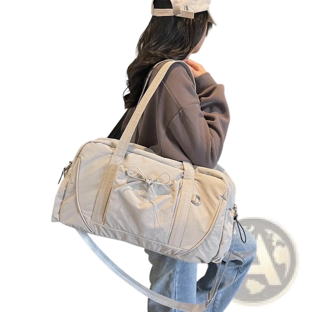 Beige nylon travel duffel bag with large capacity front bow and adjustable shoulder strap for women handbag use