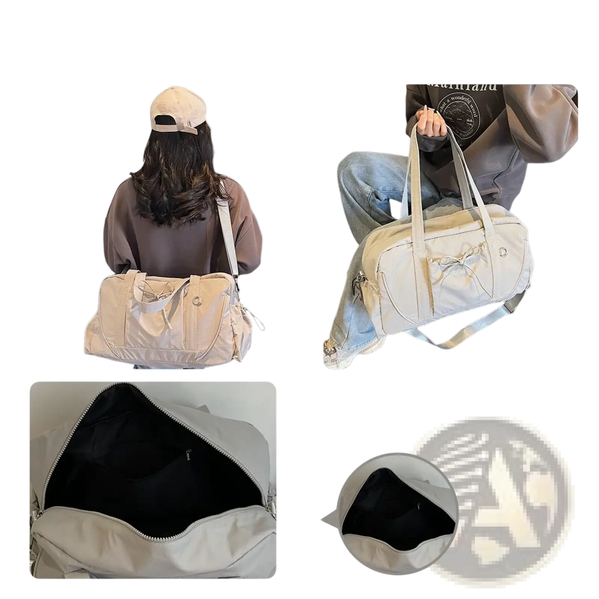 Beige nylon travel duffel bag with large capacity, front bow detail, and adjustable shoulder strap for women handbag