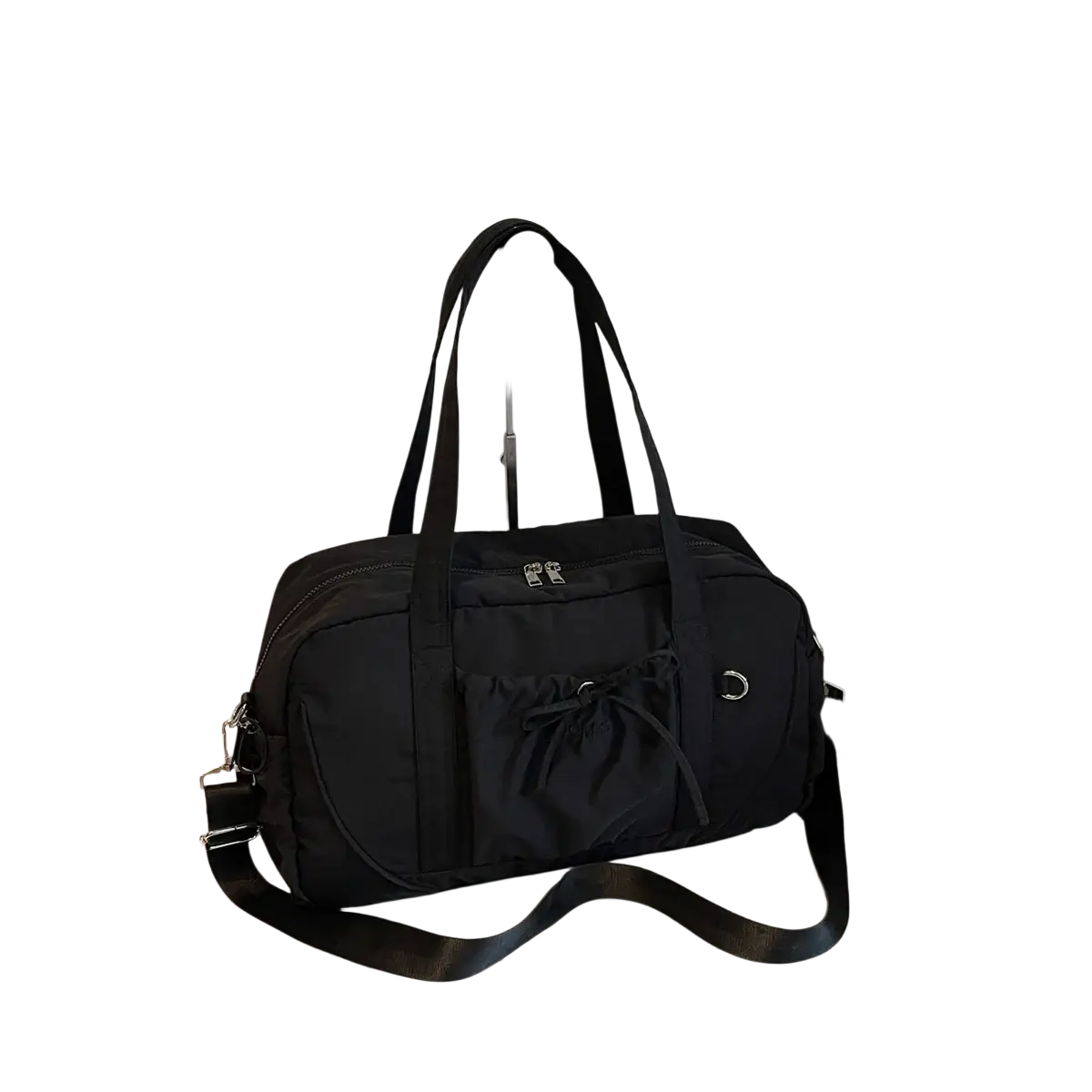 Black nylon travel duffel bag with large capacity dual top handles and detachable shoulder strap for women handbag