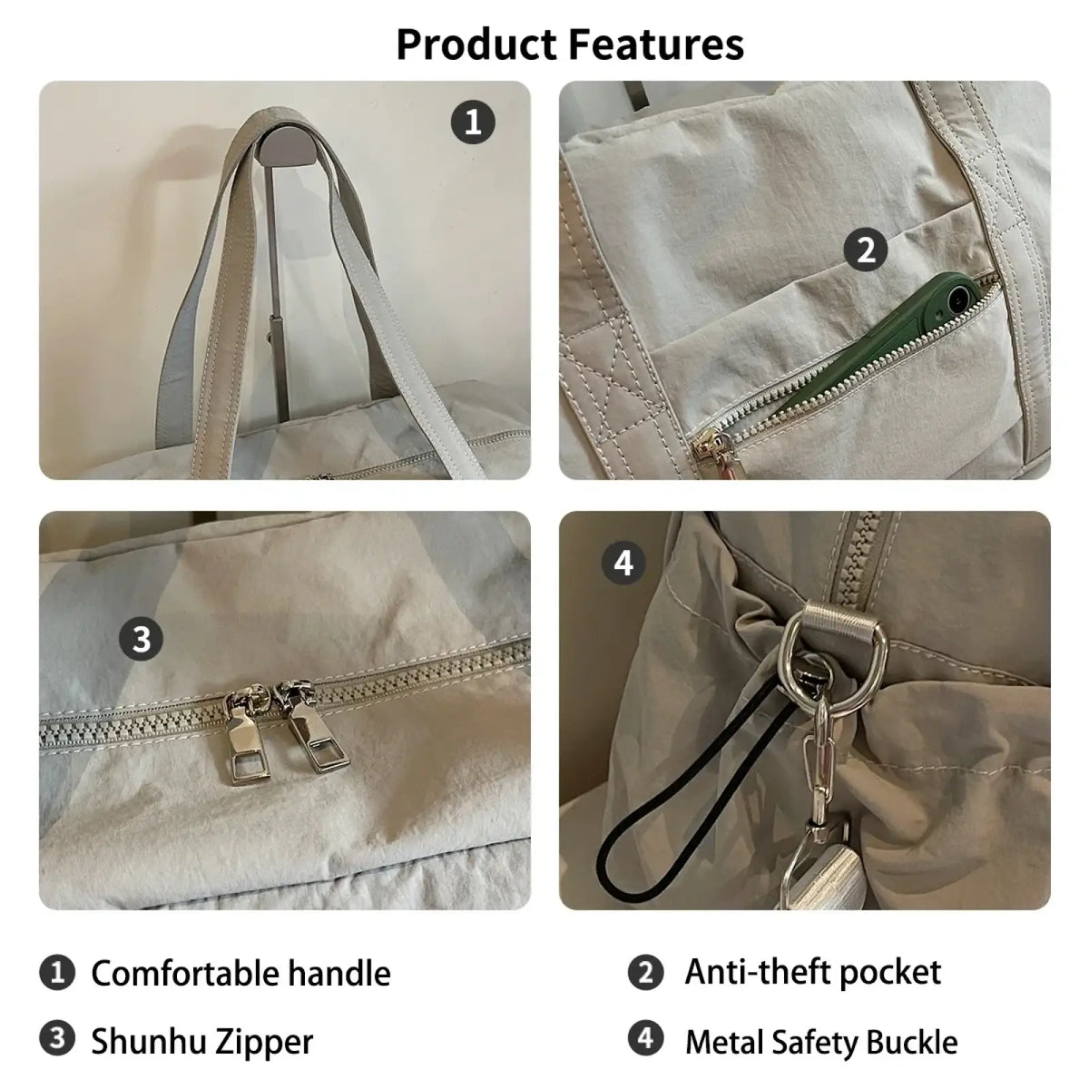 Light gray lightweight nylon travel duffel bag with large capacity adjustable shoulder strap and metal hardware