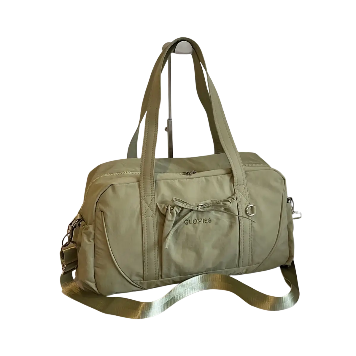 Olive green guomiss travel duffel bag with large capacity nylon, drawstring front pocket, and adjustable shoulder strap