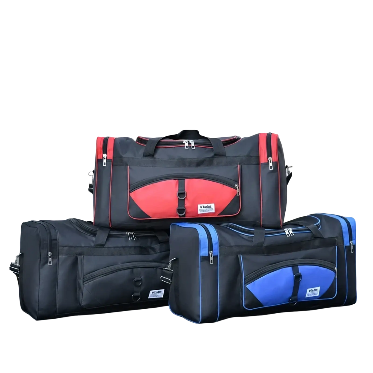 Black nylon travel duffel bag with red accents oversized multi pocket luggage featuring bold curved panel design