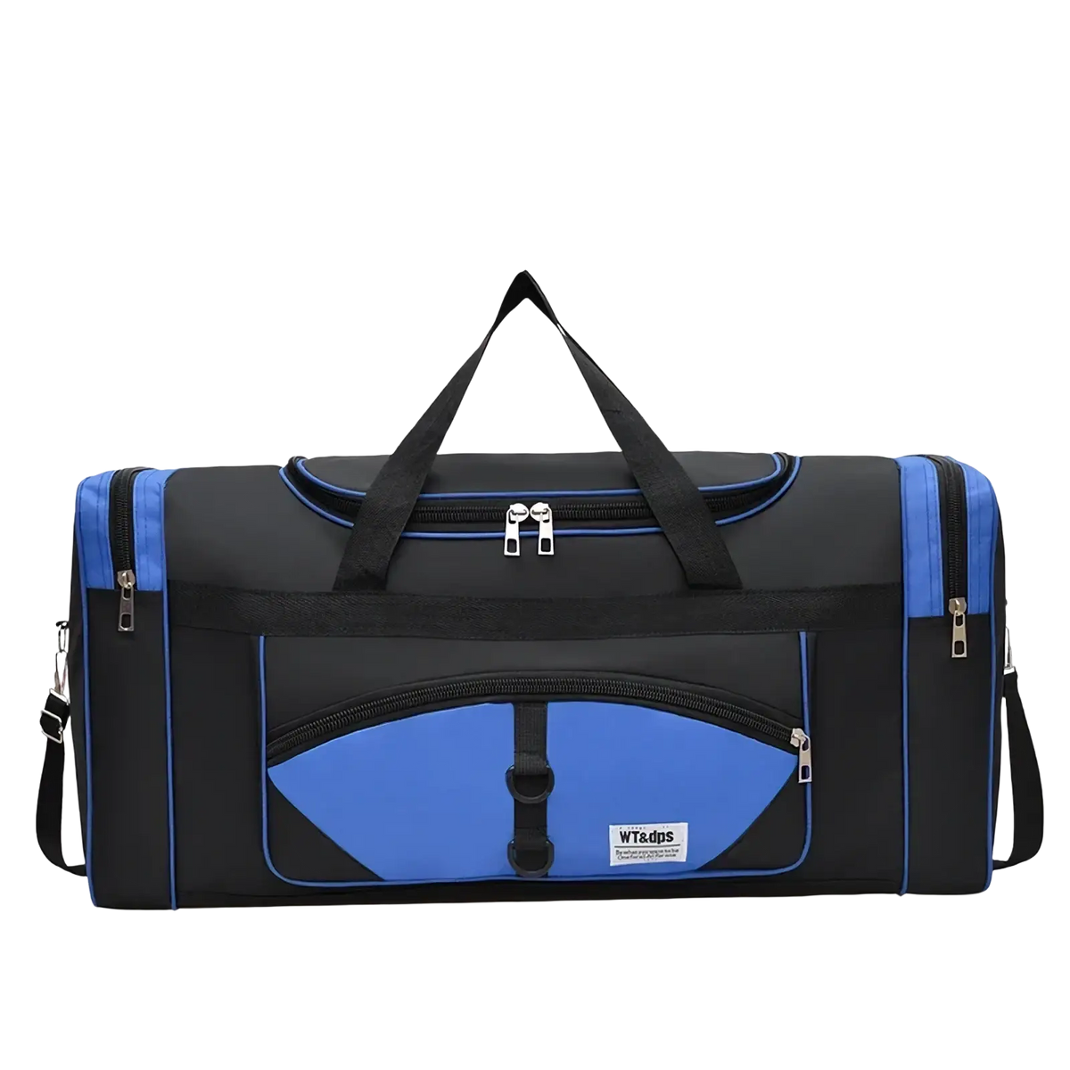 Black and blue nylon travel duffel bag with reinforced zippers and front pocket for oversized luggage use
