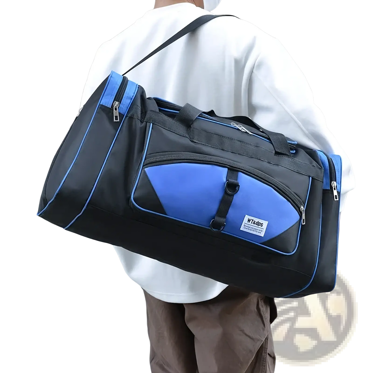 Black and blue nylon travel duffel bag with reinforced stitching and multiple zippered compartments for oversized luggage