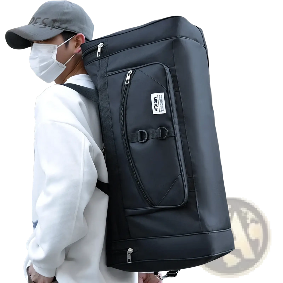 Black durable nylon travel duffel bag with multiple zippers and front pocket featuring a white label