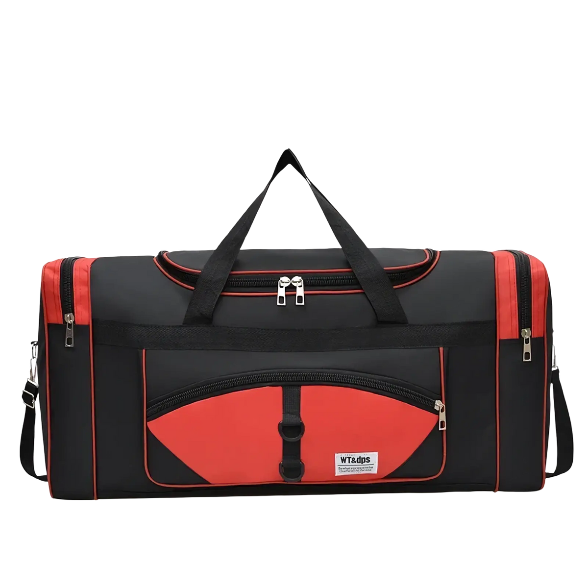 Black and red travel duffel bag with bold geometric design made of durable nylon with silver-toned zippers