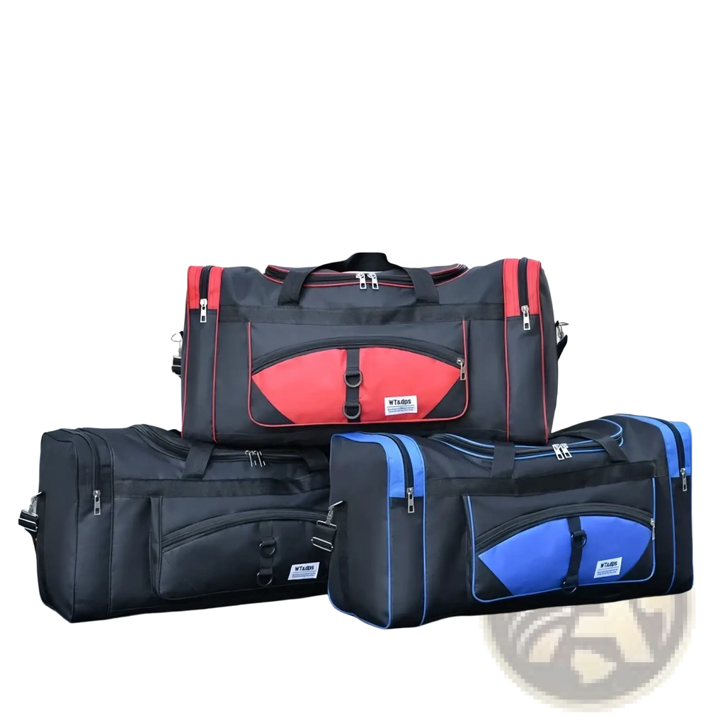 Black nylon travel duffel bag with red accents oversized multi pocket luggage featuring bold curved panel design
