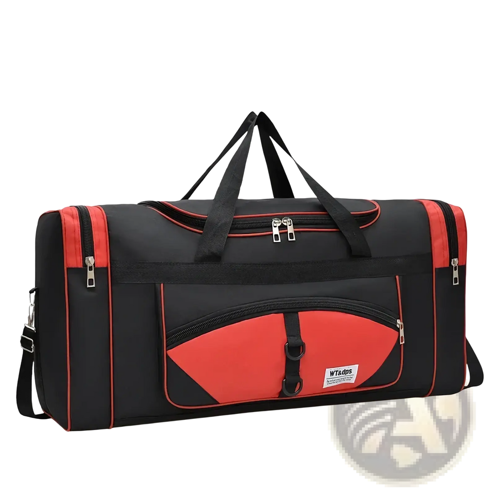 Black and red nylon travel duffel bag with reinforced zippers and side carry handle featuring multiple pockets