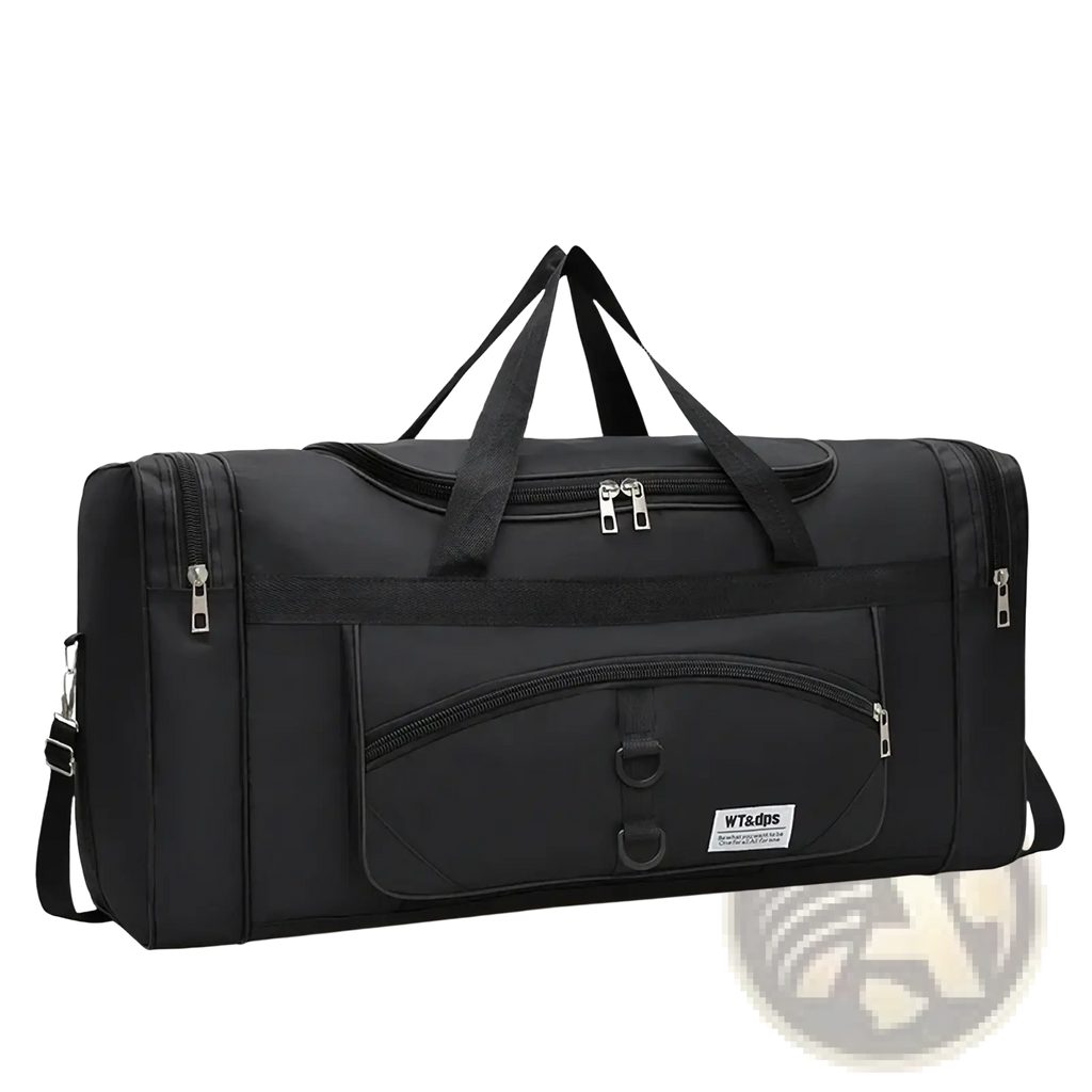 Black nylon travel duffel bag with multiple zippers and shoulder strap oversized luggage with multi pockets