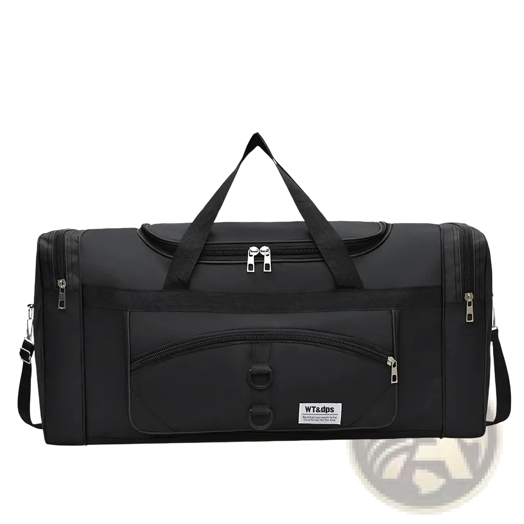 Black nylon travel duffel bag with multiple zippers and a front pocket for oversized luggage storage