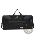 Black nylon travel duffel bag with multiple zippers and a front pocket for oversized luggage storage
