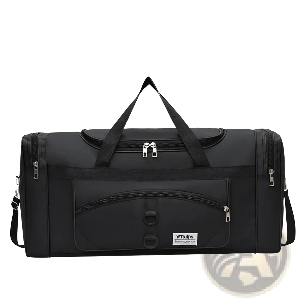 Black nylon travel duffel bag with multiple zippers and a front pocket for oversized luggage storage