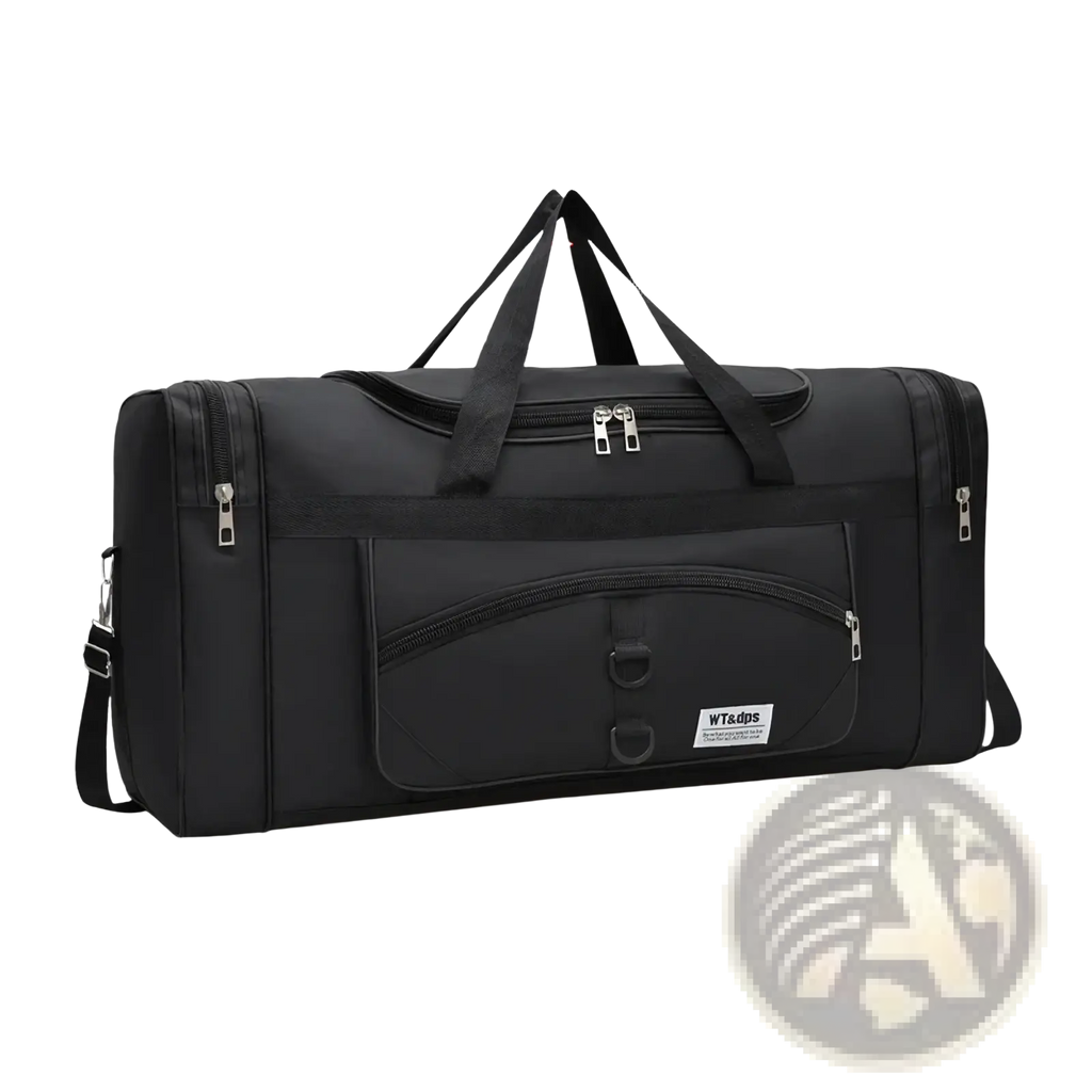Black nylon travel duffel bag with multiple zippers sturdy handles and oversized multi pocket luggage design