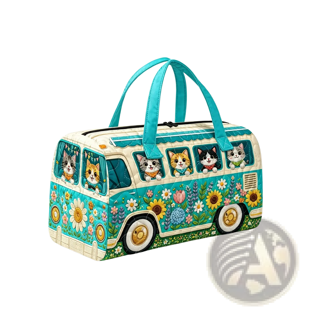 Turquoise and cream quilted travel duffel bag shaped like vintage van with cartoon cats and floral patterns