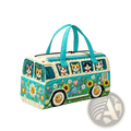 Turquoise and cream quilted travel duffel bag shaped like vintage van with cartoon cats and floral patterns