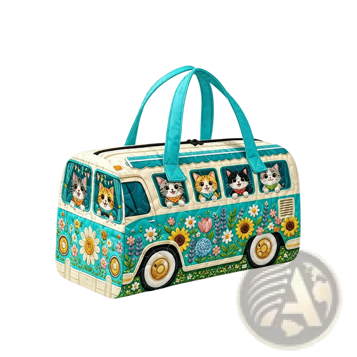 Turquoise and cream quilted travel duffel bag shaped like vintage van with cartoon cats and floral patterns