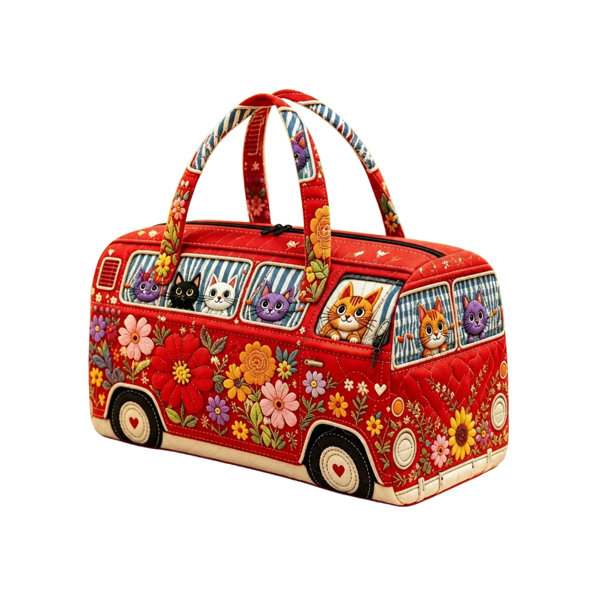 Travel duffel bag quilted red vintage van tote featuring colorful floral patterns and cartoon cats in windows