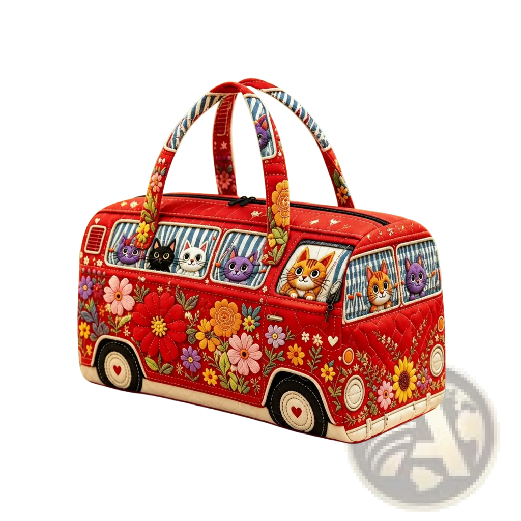 Travel duffel bag quilted red vintage van tote featuring colorful floral patterns and cartoon cats in windows