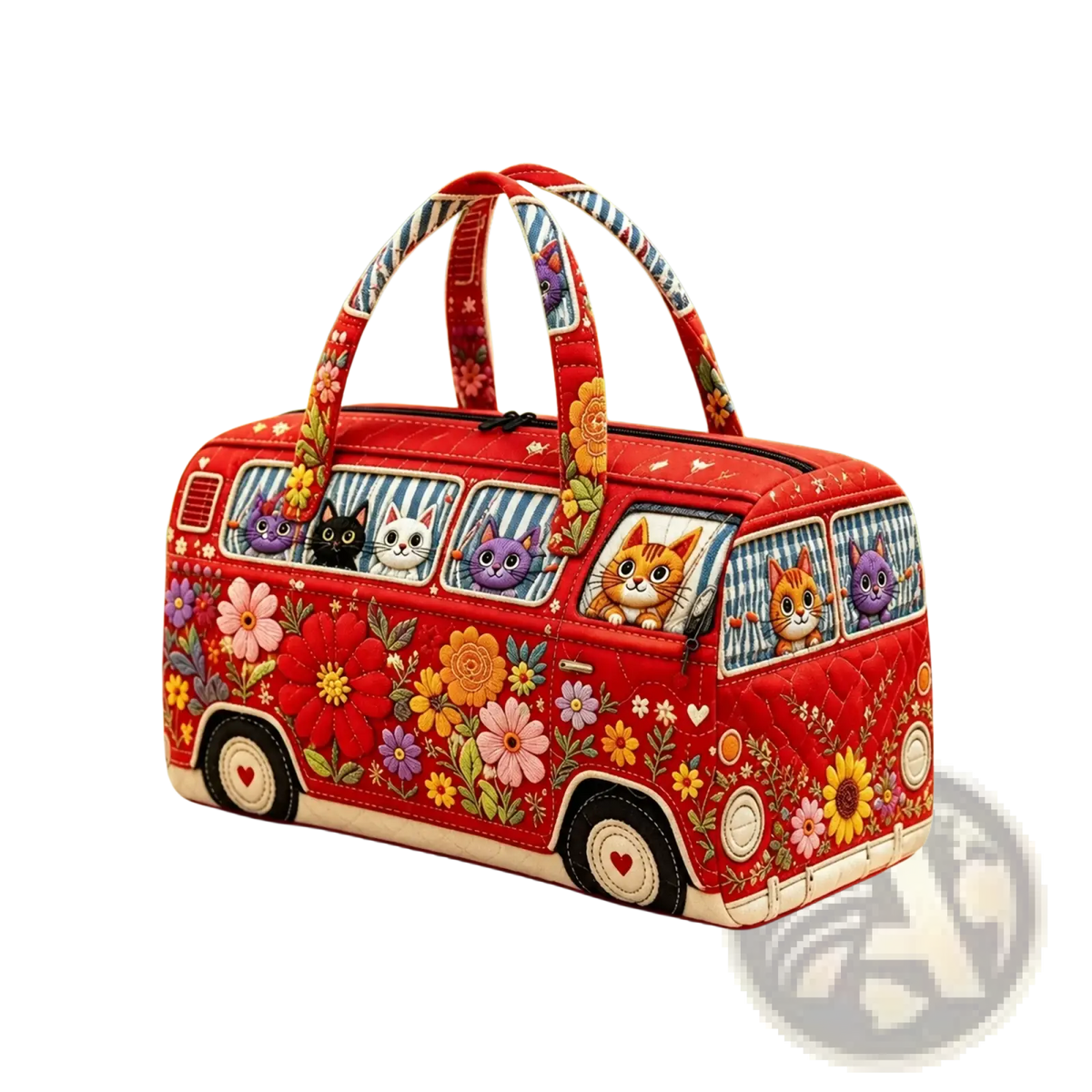 Travel duffel bag quilted red vintage van tote featuring colorful floral patterns and cartoon cats in windows