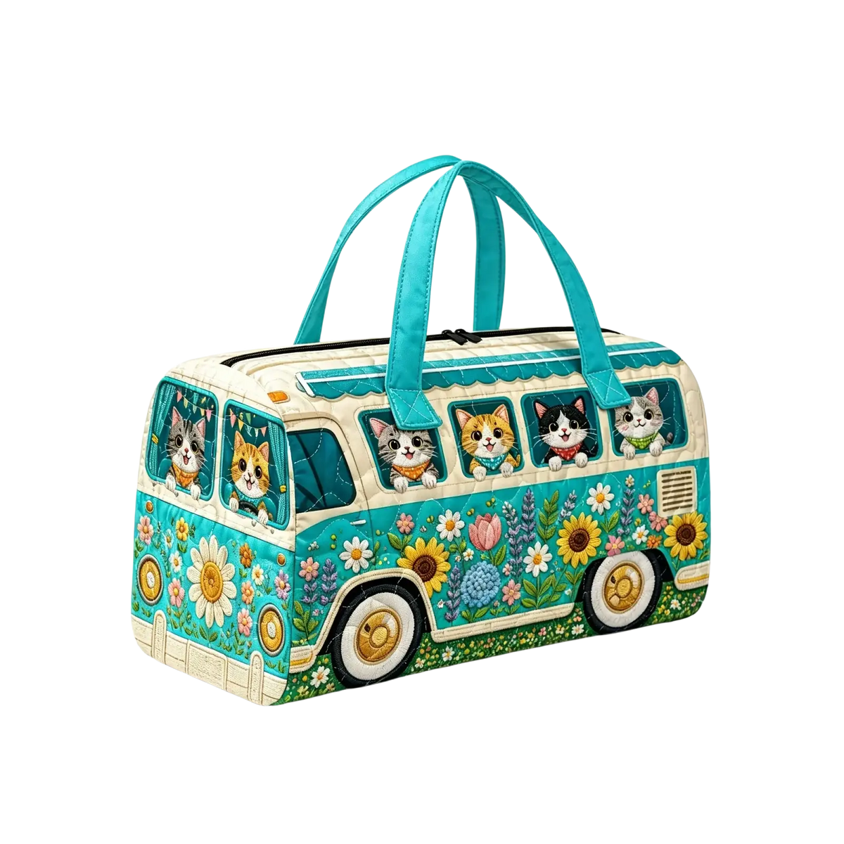 Turquoise and cream quilted travel duffel bag shaped like vintage van with cartoon cats and floral patterns