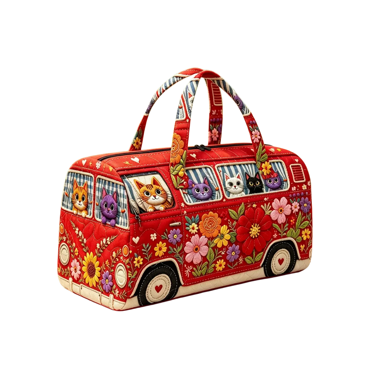 Travel duffel bag quilted red vintage van tote with vibrant floral patterns and cartoon cats peeking from windows