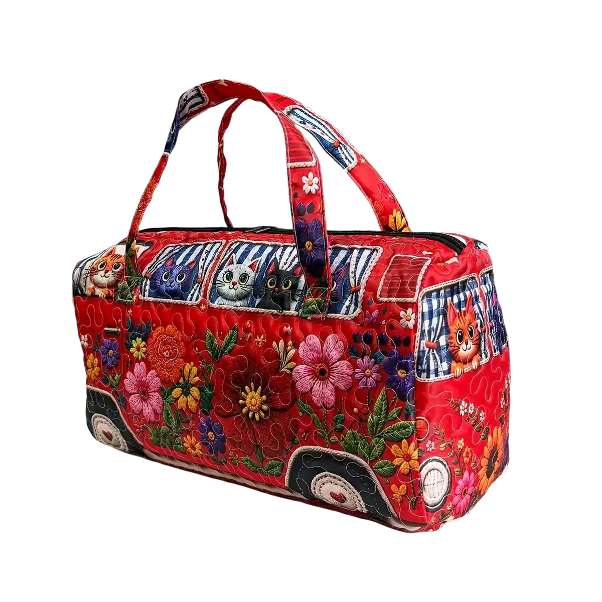 Vibrant red quilted travel duffel bag featuring a whimsical vintage van design with embroidered cats and floral patterns