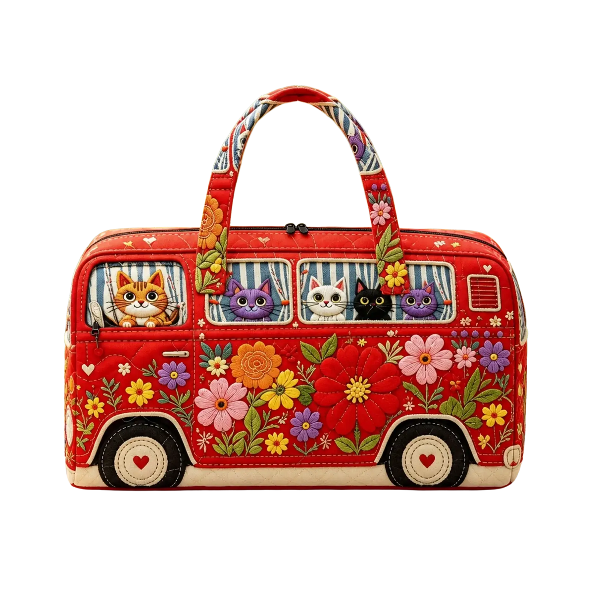 A vibrant red quilted travel duffel bag shaped like a vintage van with embroidered flowers and cartoon cats