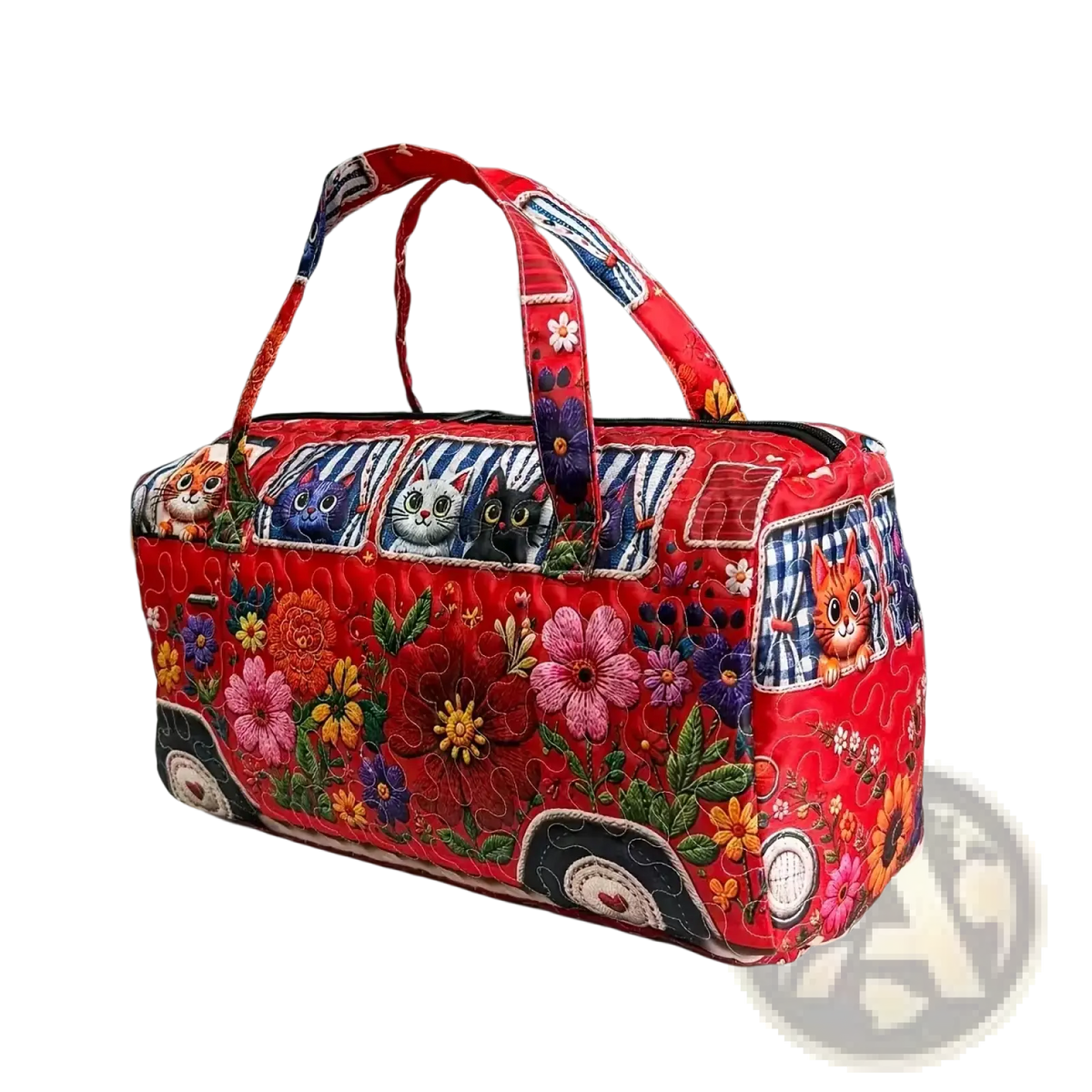 Vibrant red quilted travel duffel bag featuring a whimsical vintage van design with embroidered cats and floral patterns