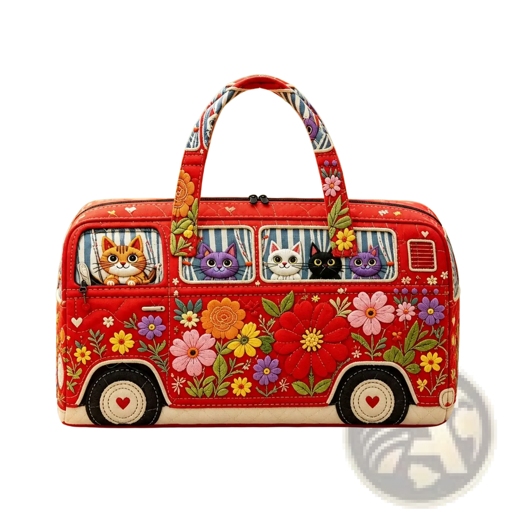 A vibrant red quilted travel duffel bag shaped like a vintage van with embroidered flowers and cartoon cats