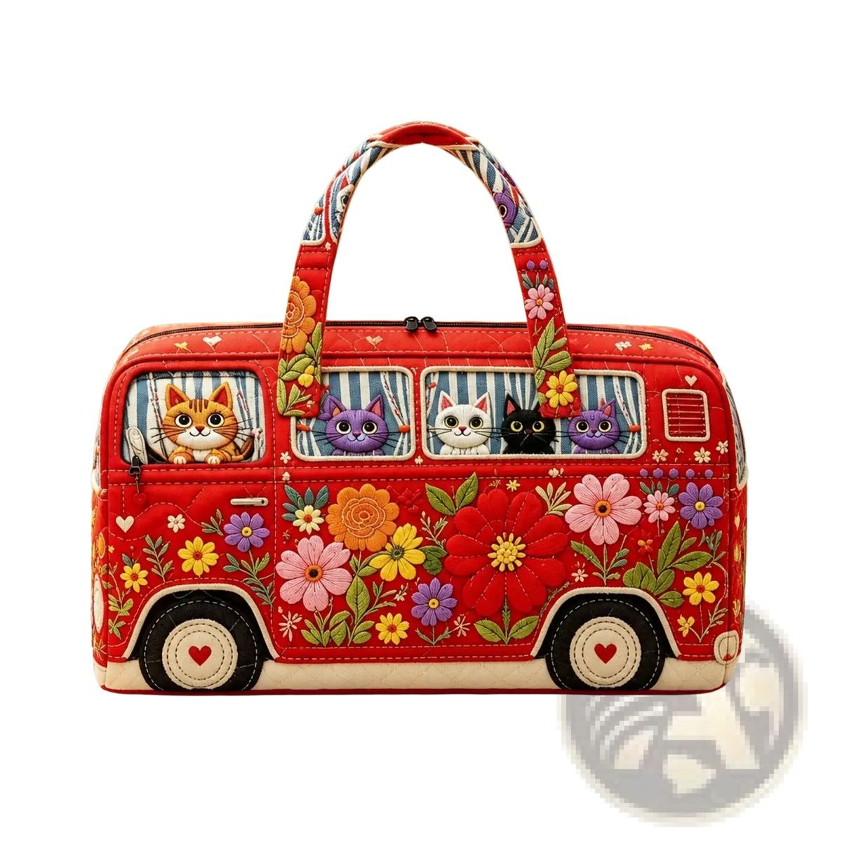 A vibrant red quilted travel duffel bag shaped like a vintage van with embroidered flowers and cartoon cats